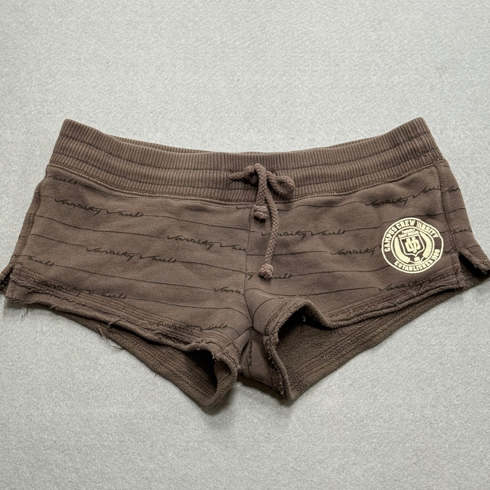Campus Crew Booty Shorts Women's Small Brown Fleece Varsity Raw Hem Lounge Y2K